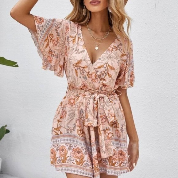 MODA ME COUTURE Pants - Boho Style Floral belted romper summer spring